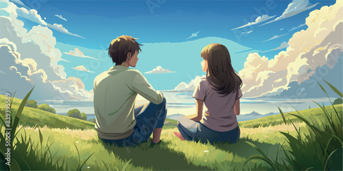 Couple enjoying scenic view of cloudy sky and green meadow. Vector illustration