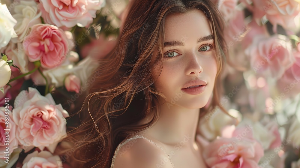 A beautiful brown-haired model stands in front of an explosion of pink and white roses for a commercial video for cosmetics, with soft lighting creating an elegant style, a closeup shot. A beautiful brown-haired model stands in front of an explosion of pink and white roses for a commercial video for cosmetics, with soft lighting creating an elegant style, a closeup shot.
