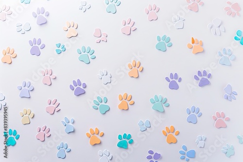 Minimalist paw print shapes in pastel colors, scattered on a white background