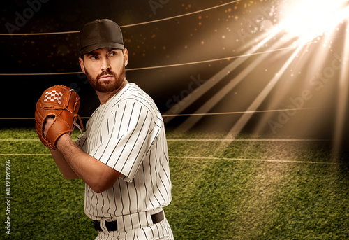 Photography Professional baseball player with glove on stadium