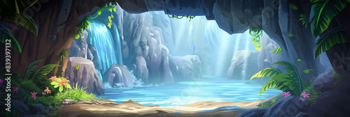 The Underground cave with river waterfall and gemstone  Illustration