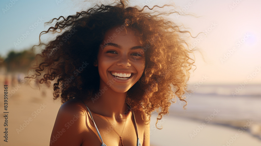 Smiling girl stands on the beach against the backdrop of sunset in a white T-shirt. Mockup copy space. African model. Beautiful sunset Smiling girl stands on the beach against the backdrop of sunset in a white T-shirt. Mockup copy space. African model. Beautiful sunset