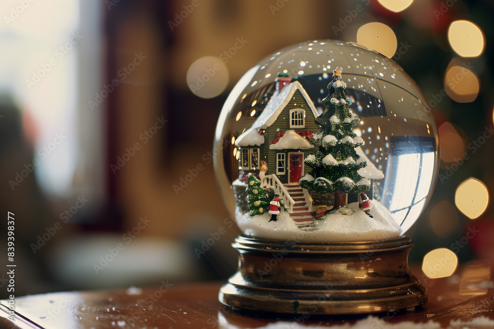 Christmas theme snow globe with house and christmas tree inside it. Christmas theme snow globe with house and christmas tree inside it.
