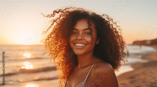 Smiling girl stands on the beach against the backdrop of sunset in a white T-shirt. Mockup copy space. African model. Beautiful sunset © EltaMax99