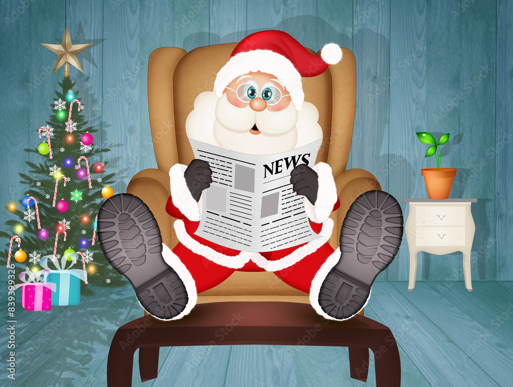 Φωτογραφία illustration of Santa Claus sitting in an armchair reads the newspaper