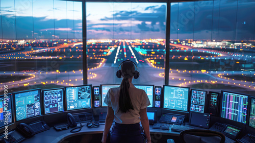 A female air traffic controller at work in the airport control tower.