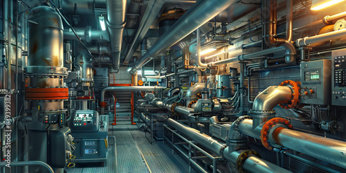 The Steel Labyrinth: A maze of industrial pipes, machines, and control panels in a dimly lit underground space