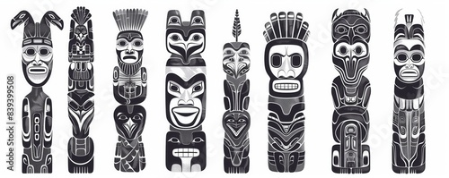 Drawings of totem pole masks and figures