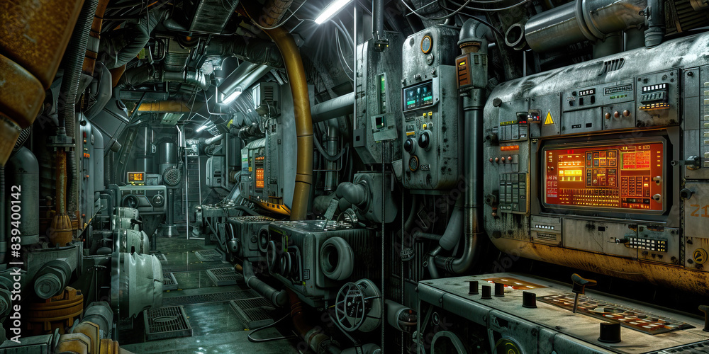 The Steel Labyrinth: A maze of industrial pipes, machines, and control panels in a dimly lit underground space The Steel Labyrinth: A maze of industrial pipes, machines, and control panels in a dimly lit underground space