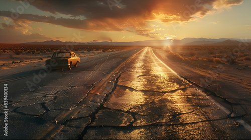 A long, winding desert highway stretching towards a dramatic sunset, casting long shadows across the cracked asphalt. Sunlight glints off a distant car disappearing over a rise. photo