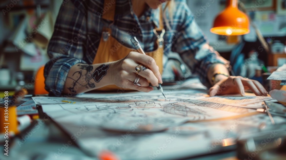 Obraz premium Crafting Style - Fashion Designer Sketching Clothing Designs. An image portraying the creative world of fashion design, featuring a designer engrossed in sketching out innovative clothing designs.