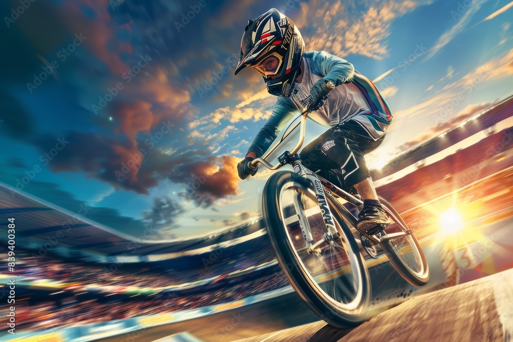 Dynamic BMX Cyclist Performing a Wheelie on Olympic Track under Stadium Lights Dynamic BMX Cyclist Performing a Wheelie on Olympic Track under Stadium Lights