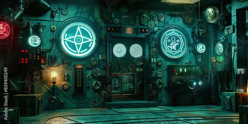 The Technomancer's Lair: A dimly lit room adorned with occult symbols and futuristic gadgets. photo