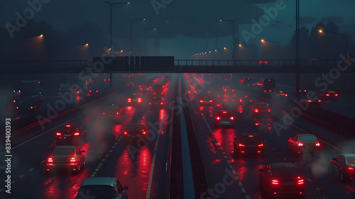 A motorway at rush hour, bumper-to-bumper traffic stretching as far as the eye can see. Brake lights glow red, and headlights pierce the twilight. Smoke rises from the exhaust pipes.