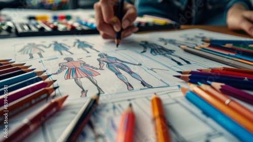 Crafting Style - Fashion Designer Sketching Clothing Designs. An image portraying the creative world of fashion design, featuring a designer engrossed in sketching out innovative clothing designs. photo