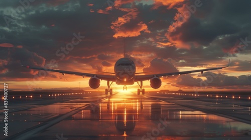 Plane landing at sunset, frontal perspective