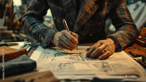 Crafting Style - Fashion Designer Sketching Clothing Designs. An image portraying the creative world of fashion design, featuring a designer engrossed in sketching out innovative clothing designs. photo