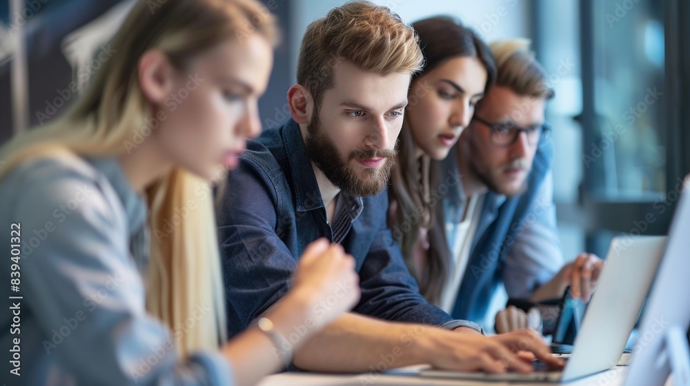Group of business people working on laptop. Group of business people working on laptop.