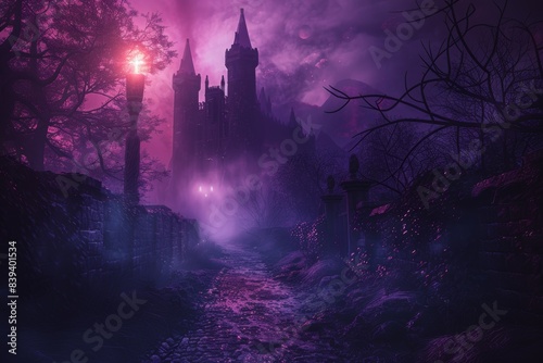 3D Illustration of a Mysterious Glowing Forest Path Leading to an Ancient Ominous Castle - Perfect for Fantasy Journey and Halloween Themes