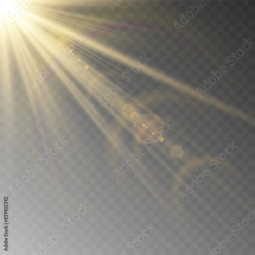 The background is a beam of light or sunbeam vector. It features an abstract golden light that sparkles and flashes like a spotlight, with golden sunlight glitter on a transparent background.
