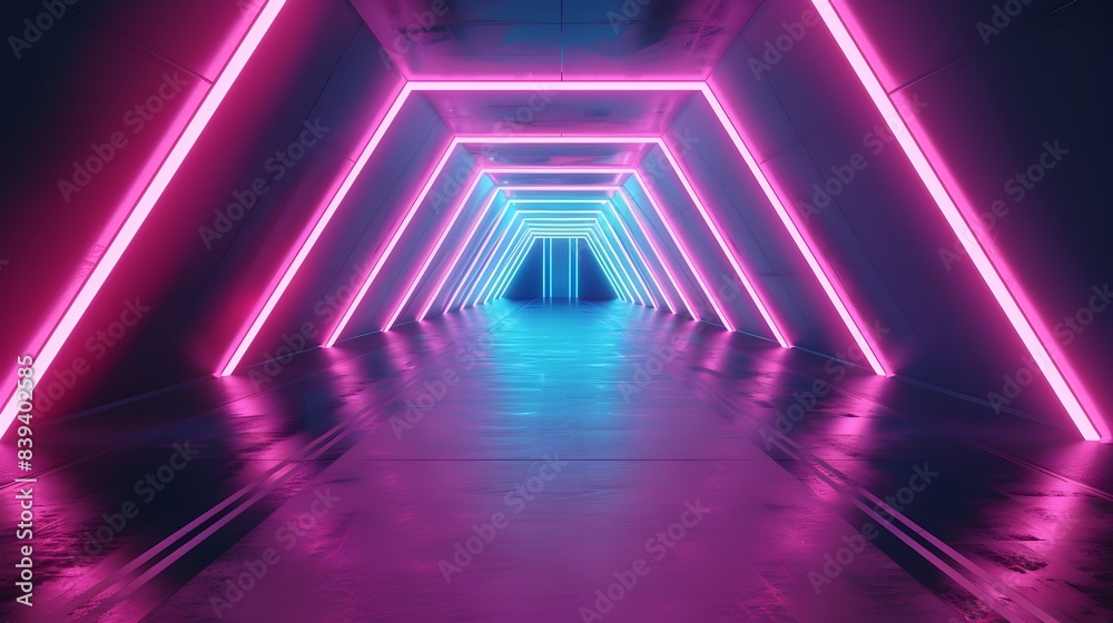 Neon Tunnel in Symmetrical Grid with Diagonal Lighting and Dark Atmosphere for Futuristic Digital Neon Tunnel in Symmetrical Grid with Diagonal Lighting and Dark Atmosphere for Futuristic Digital