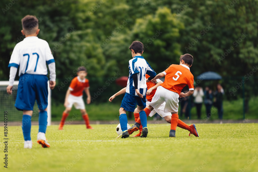Football Teams Compete in Youth Soccer League. Children Play Soccer Match Outdoor. Group Of Teenage Soccer Players Kicking Soccer Ball on Grass Pitch Football Teams Compete in Youth Soccer League. Children Play Soccer Match Outdoor. Group Of Teenage Soccer Players Kicking Soccer Ball on Grass Pitch