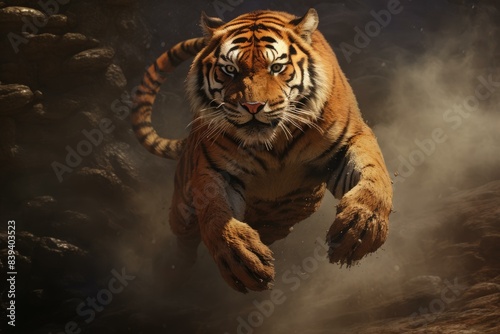 Vibrant Tiger jumping nature. Air wildcat. Generate Ai photo