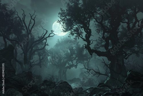 Hauntingly Dark Forest Under Moonlit Sky Shrouded in Eerie Mist and Gnarled Trees