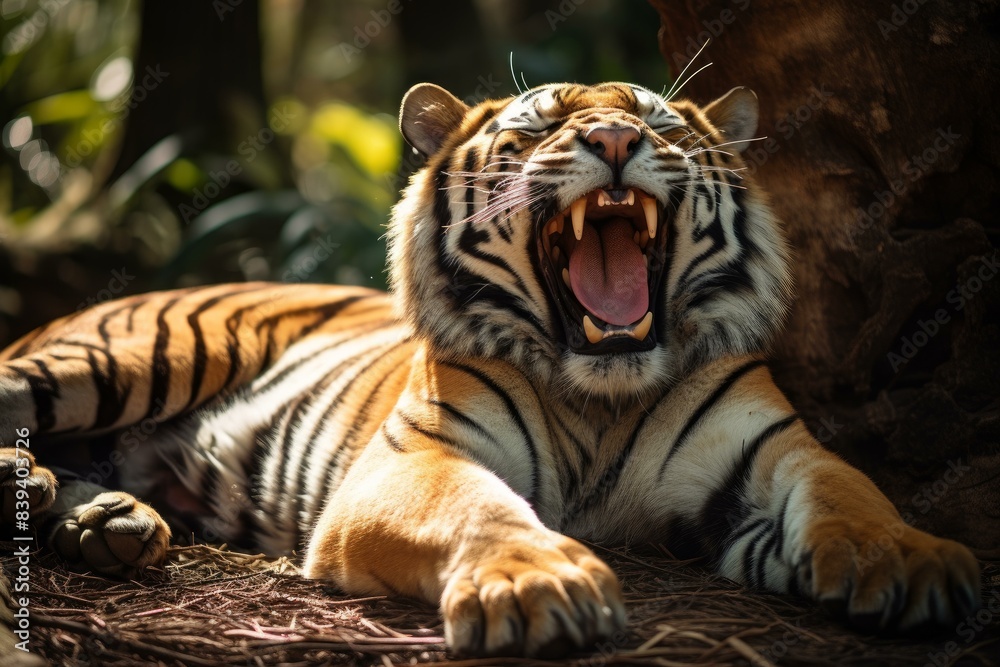 Obraz premium Close-up of a relaxed tiger showcasing its teeth as it yawns in a sun-drenched natural environment