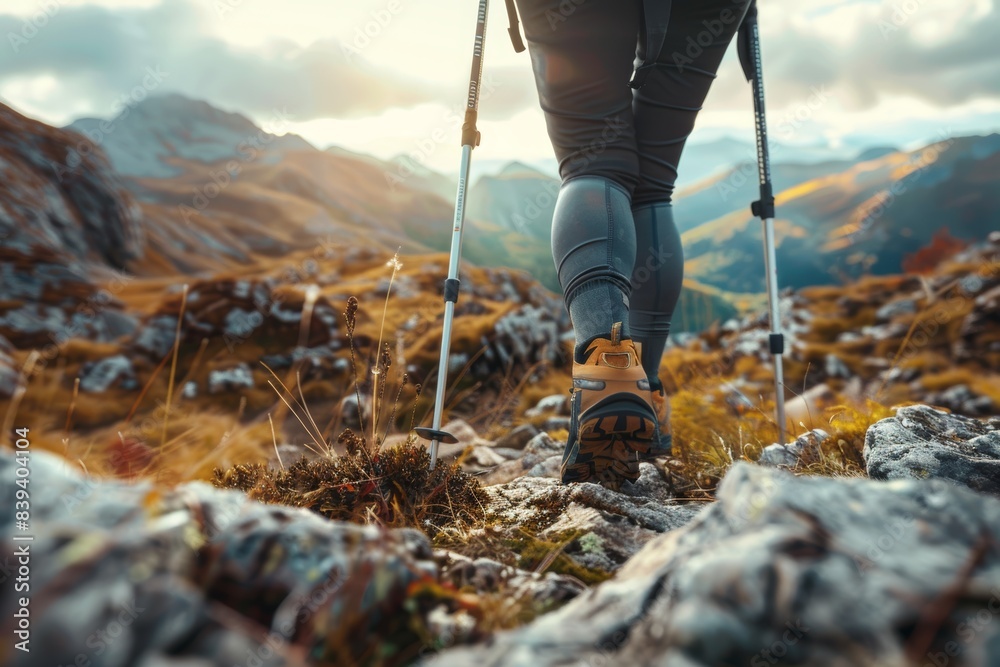 Naklejka premium Hiker Using Trekking Poles for Leg Support During Mountain Hike with Stunning Panoramic Views