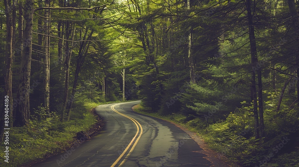 Fototapeta premium Forest Roads: Images of roads cutting through dense forests, surrounded by trees and foliage. 