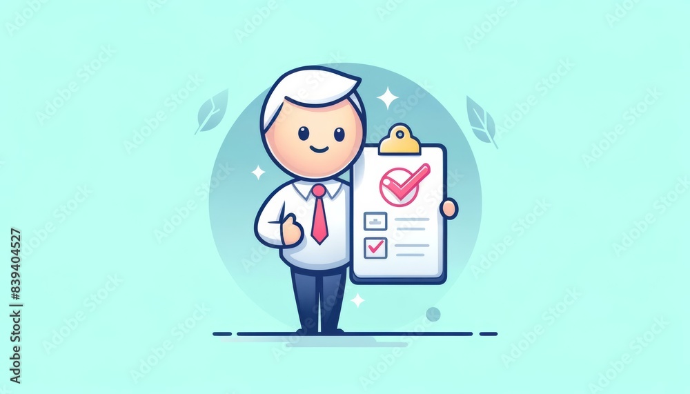 Cute Cartoon Businessman Holding Checklist, Task Management Concept Cute Cartoon Businessman Holding Checklist, Task Management Concept