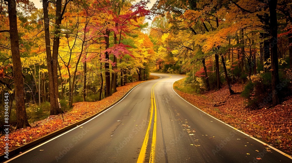 Fototapeta premium Autumn Roads: Photos of roads lined with colorful autumn foliage, capturing the beauty of the season. 