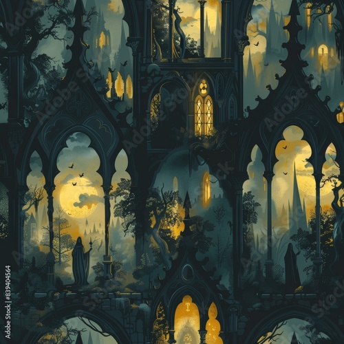 Gothic Arches Seamless Pattern with Shadowy Figures and Nightmarish Scenes for Dramatic Backdrops or Themed Events