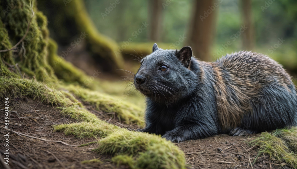 Fototapeta premium Detailed portrait of a wild animal. Cute animal in natural habitat, dark tropical forest.