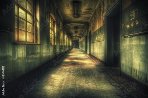 Haunted Hospital Corridor with Flickering Lights and Crumbled Walls - Eerie Atmosphere for Halloween Design
