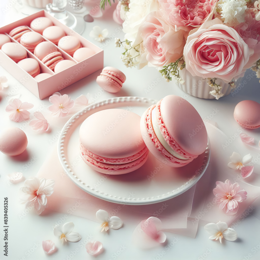 Pink macaroon with vanilla flavor on a neutral background with a decoration of flowers and pearls. Festive décor serving Pink macaroon with vanilla flavor on a neutral background with a decoration of flowers and pearls. Festive décor serving