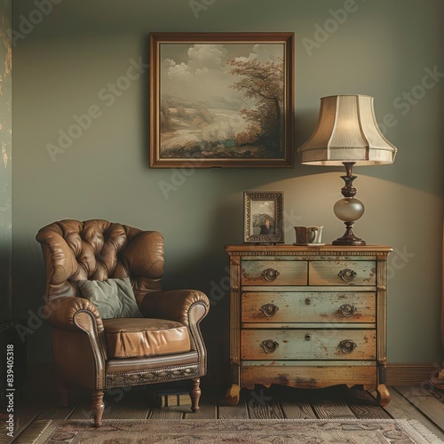Rustic Old Vintage Antique Interior Sofa, Table and Lamp - AI Generated