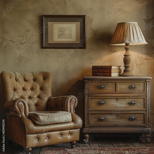 Rustic Old Vintage Antique Interior Sofa, Table and Lamp - AI Generated