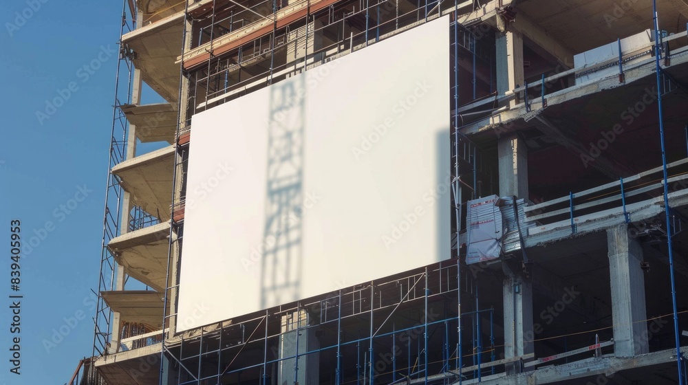 Fototapeta premium Blank white banner for advertisement mounted on construction site on a sunny day.