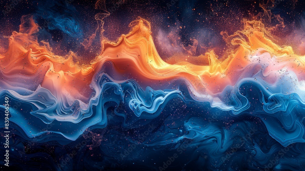 Abstract fluid art background with vibrant orange and cool blue tones blending harmoniously in a stunning display of color and movement. Abstract fluid art background with vibrant orange and cool blue tones blending harmoniously in a stunning display of color and movement.