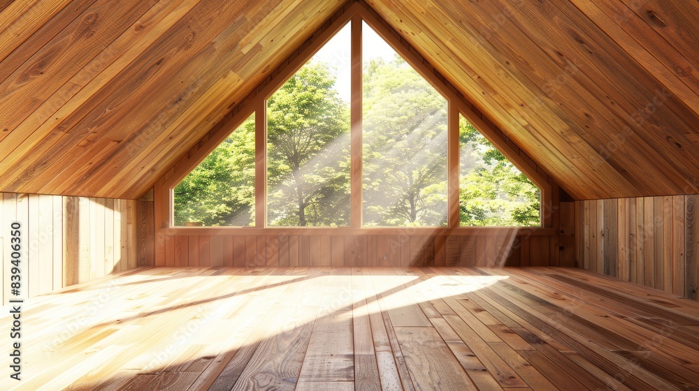 A wooden wall with an attic window, light wood grain texture, interior of the room, perspective angle from above, small skylight through the top left corner of the ceiling. A wooden wall with an attic window, light wood grain texture, interior of the room, perspective angle from above, small skylight through the top left corner of the ceiling.