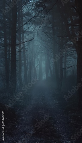 Haunted Forest Path at Night with Ghostly Figures - Perfect for Halloween Posters and Spooky Decorations