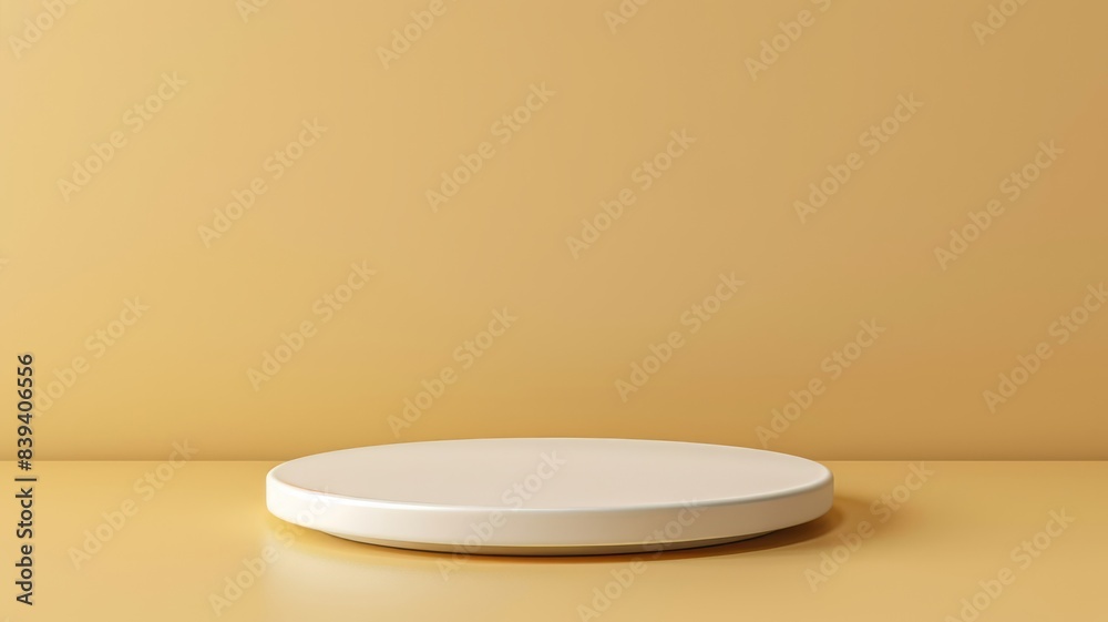 Minimalist Beige Circular Pedestal Set in a Softly Lit Room with Warm Ambient Lighting. Minimalist Beige Circular Pedestal Set in a Softly Lit Room with Warm Ambient Lighting.