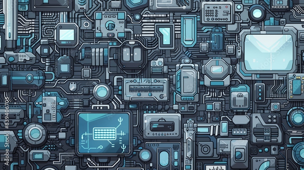 Fototapeta premium Tech-themed Doodles with Gadgets and Robots in Grey and Blue