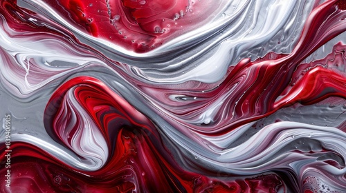Abstract red and white fluid art painting with bold swirl patterns and dynamic texture, creating a striking visual effect.