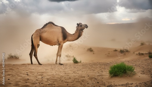 Camel standing in a sandstorm in the natural background  camels in the desert