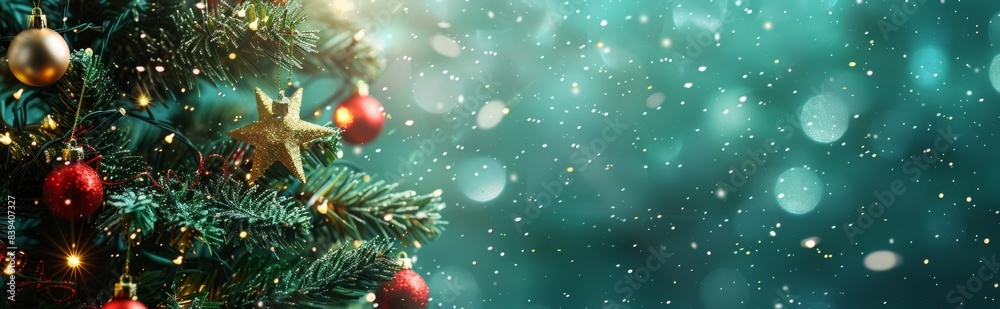 Christmas tree with golden decorations on blurred background.