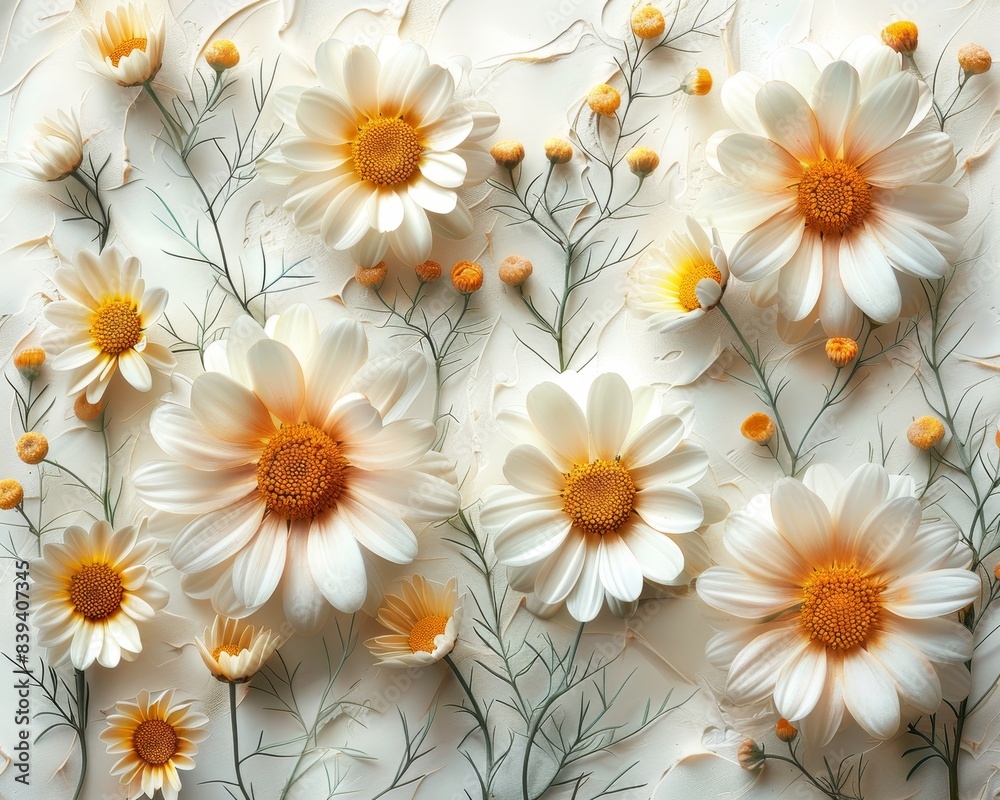 Fototapeta premium Beautiful close-up of blooming daisies with white petals and yellow centers, captured against a soft background.