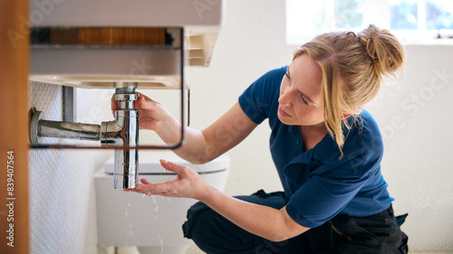 Photography Female Plumber Fixing Leak In Domestic Bathroom Sink Or Basin